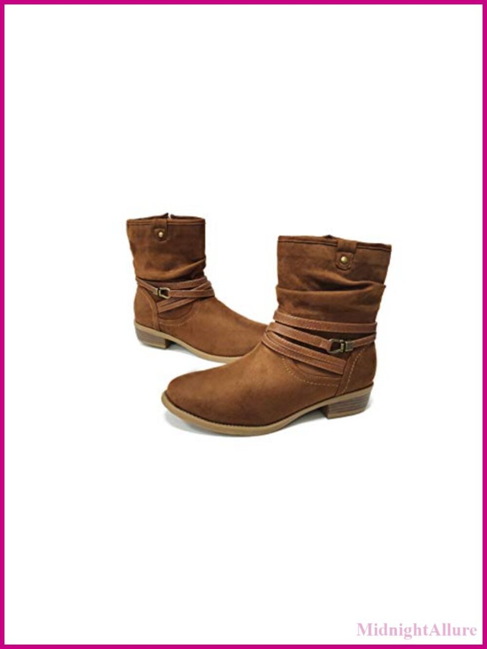 Women's Mid Calf Slouchy Boot Faux Suede Side Zipper Buckle Strap Low Heel